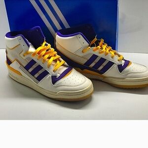 Adidas Men's White and Purple Sneakers with Yellow Accents